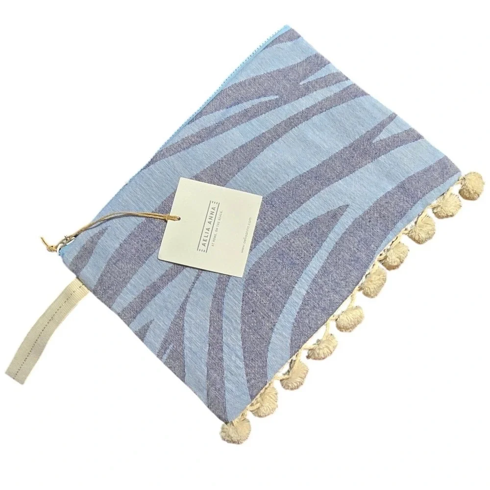 AELIA ANNA Blue Stripe Pom Pom Clutch Bag Wristlet Beach Travel Pouch wet dry